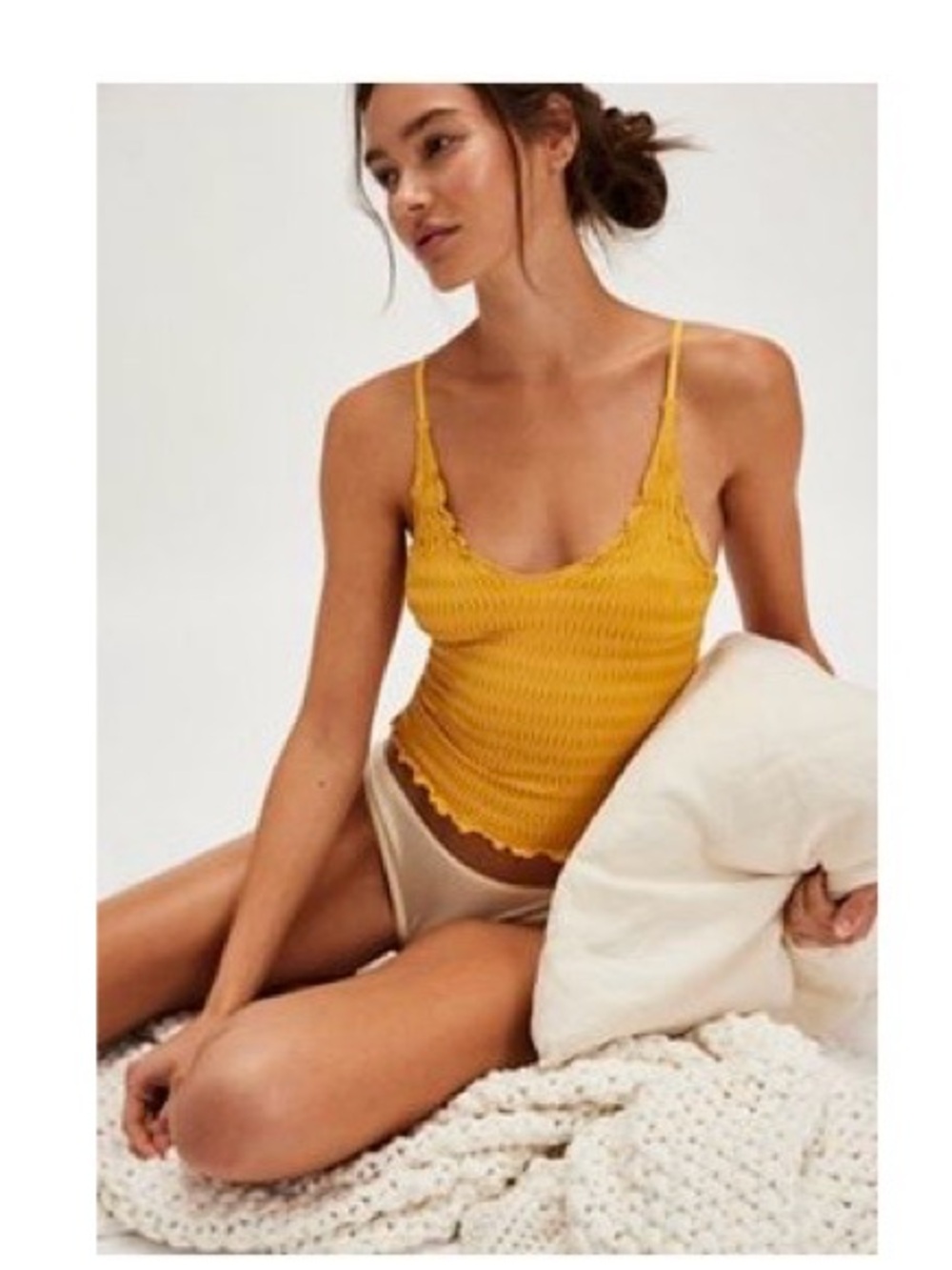 Free People Honey Ribbed Lace-Edge Cami in Mustard